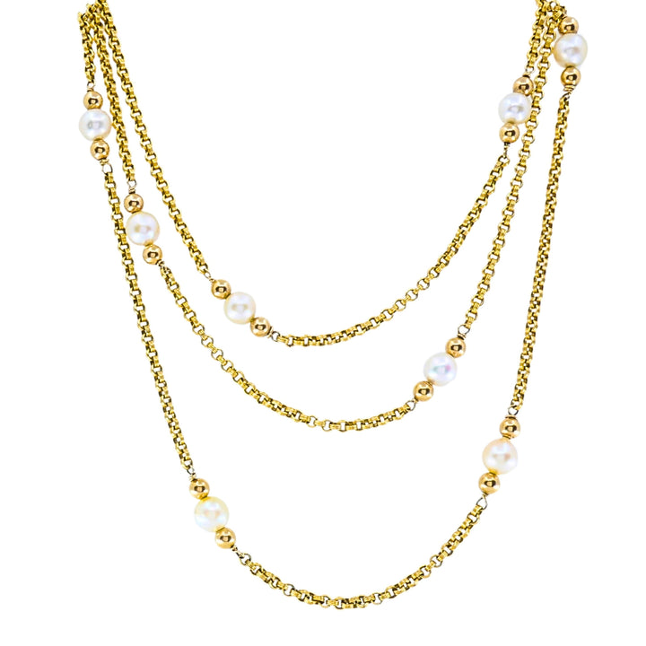 Vintage 10k Gold Cultured Pearl Long Chain Station Necklace