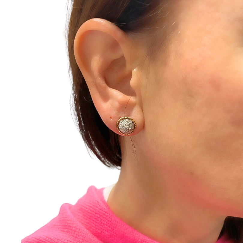 Vintage 14k Gold Stud Earrings Pave Diamond Rope Design