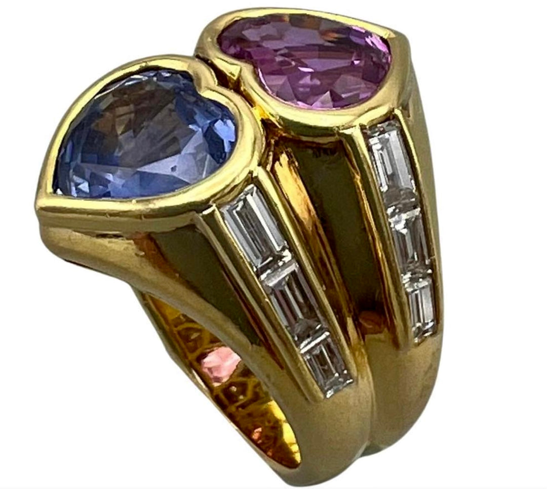 1980's Bulgari 7.67 Carat Blue and Pink Sapphire and Diamond Double Heart Ring w/ GIA