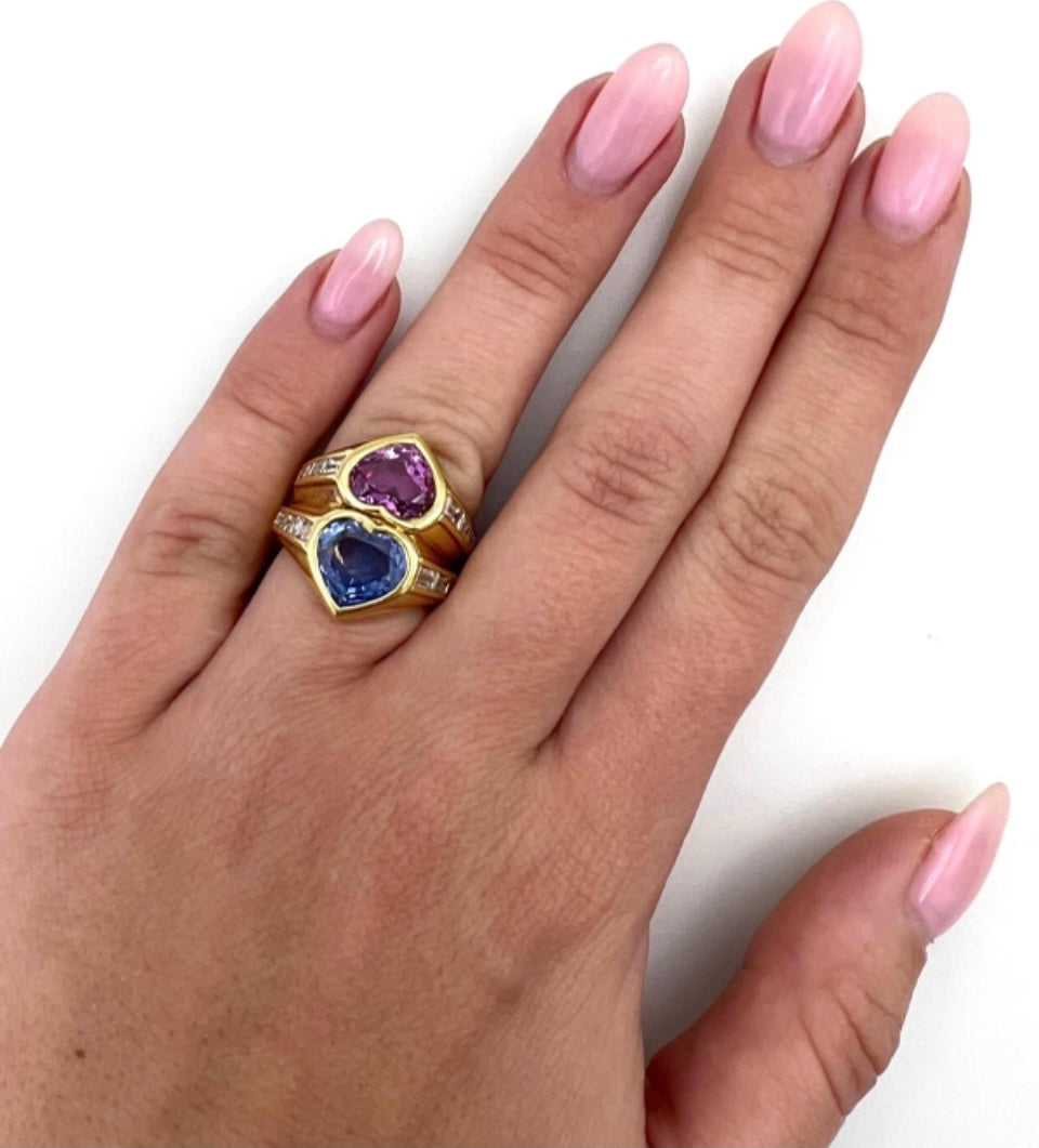 1980's Bulgari 7.67 Carat Blue and Pink Sapphire and Diamond Double Heart Ring w/ GIA