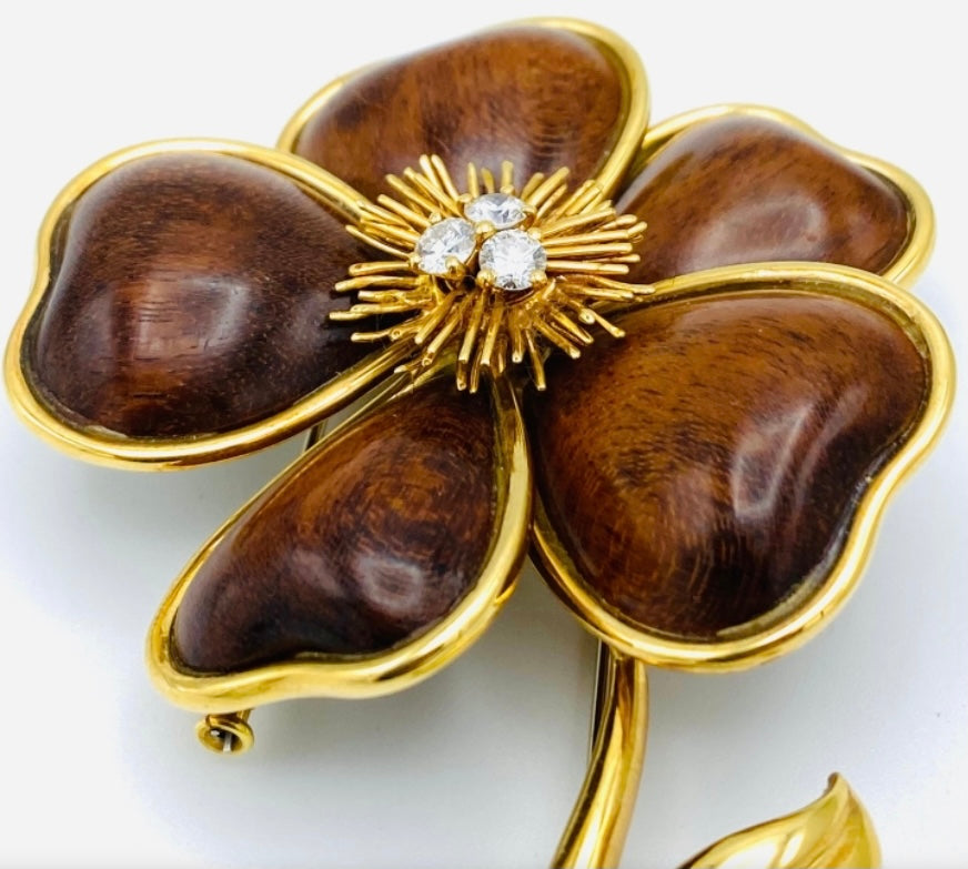 Van Cleef and Arpels Clematis Yellow Gold, Wood and Diamond Flower Clip Brooch