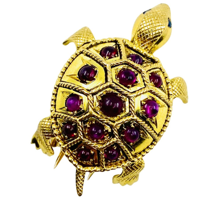 French Vintage Turtle Brooch 18k Gold Ruby