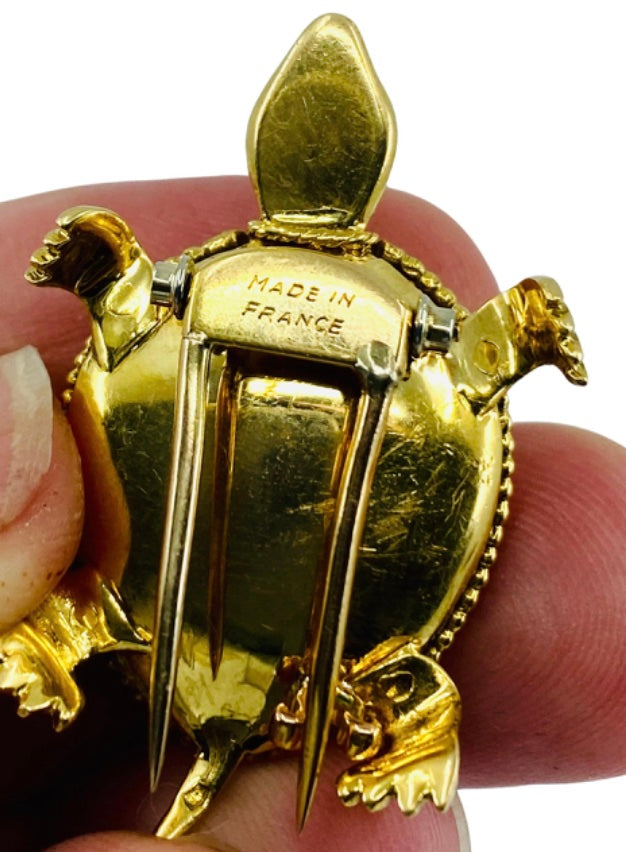 French Vintage Turtle Brooch 18k Gold Ruby