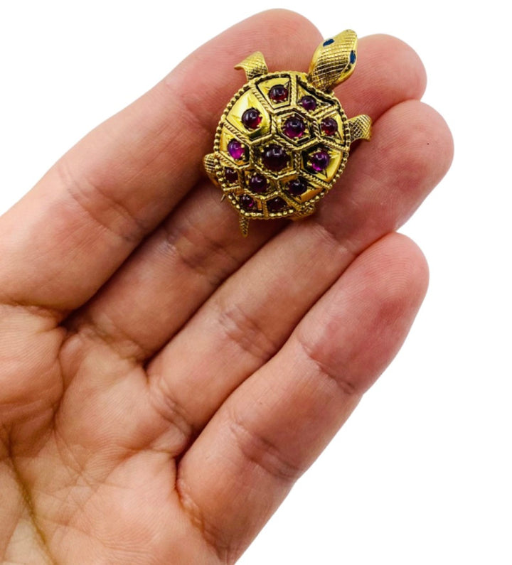 French Vintage Turtle Brooch 18k Gold Ruby