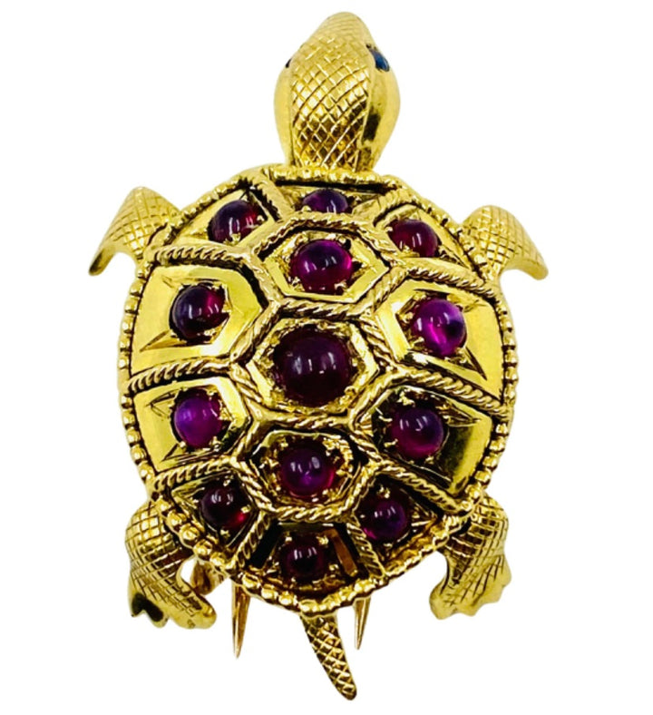 French Vintage Turtle Brooch 18k Gold Ruby