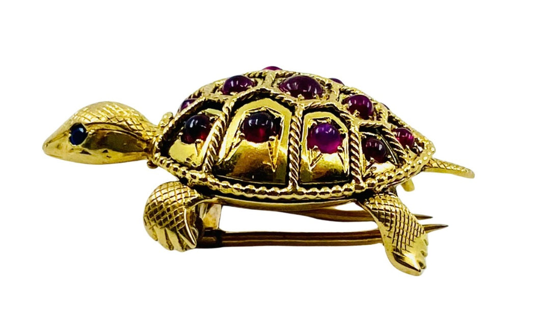 French Vintage Turtle Brooch 18k Gold Ruby