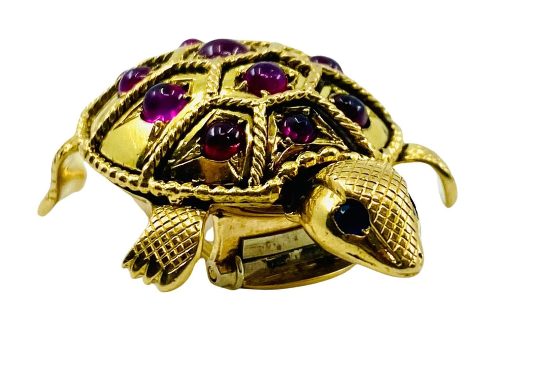 French Vintage Turtle Brooch 18k Gold Ruby