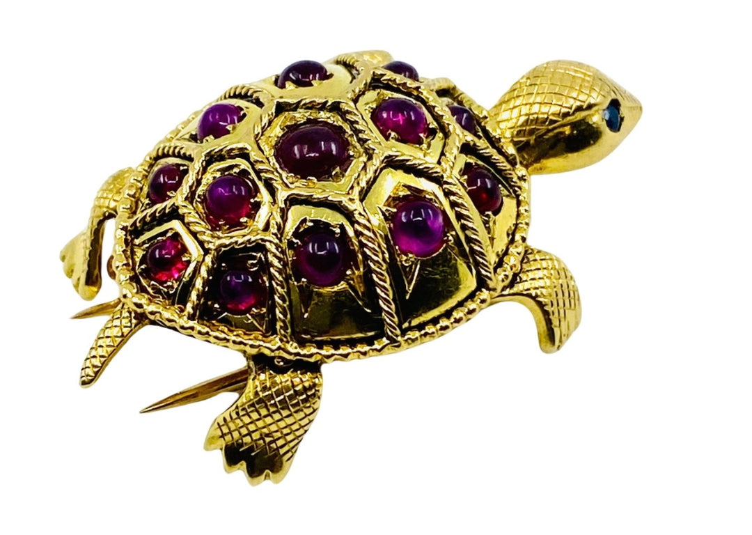 French Vintage Turtle Brooch 18k Gold Ruby