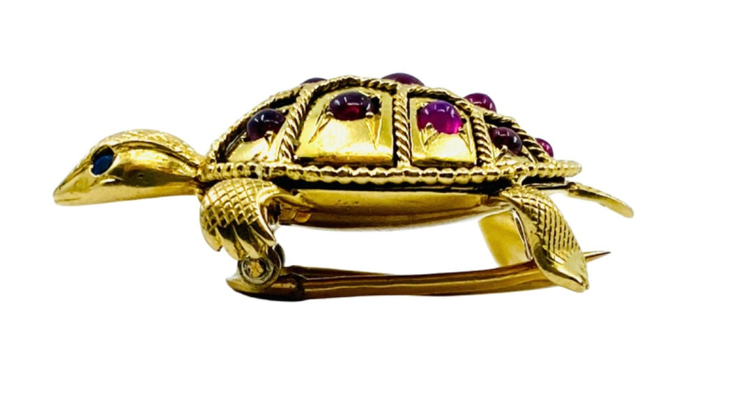 French Vintage Turtle Brooch 18k Gold Ruby