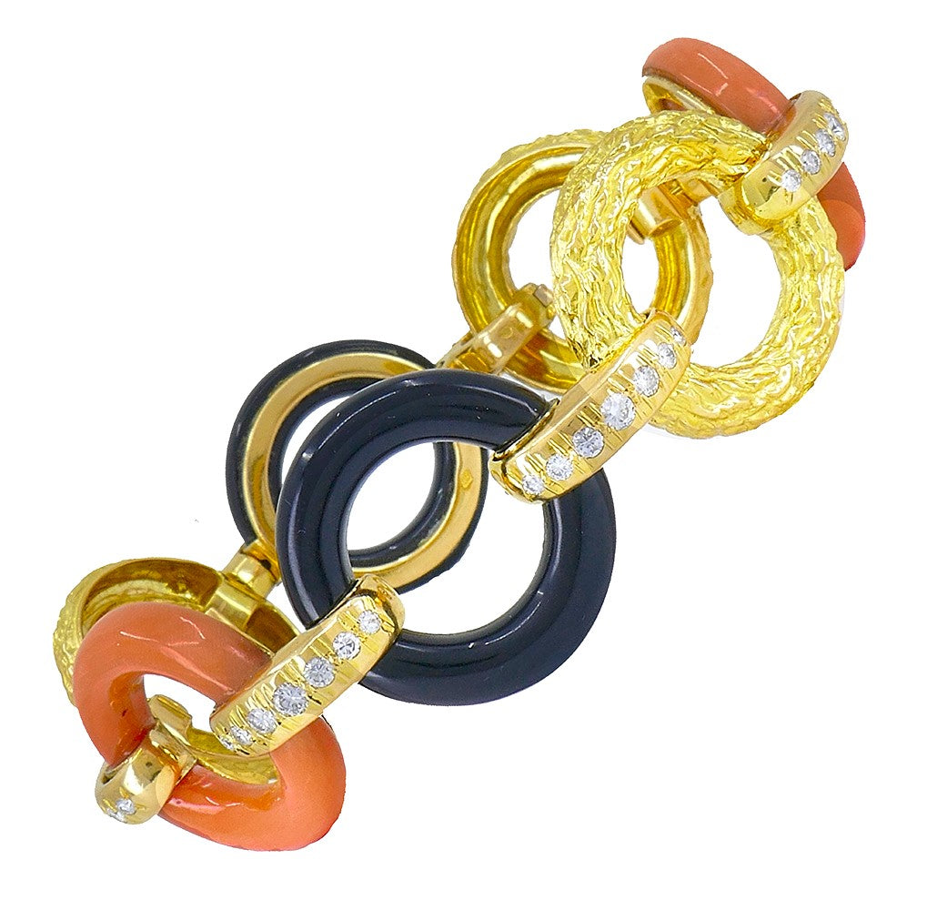 French Vintage Bracelet Atelier Janca 18k Gold Diamond Coral