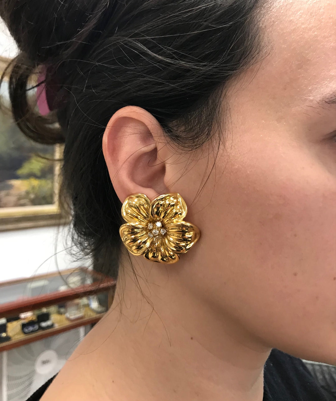 Van Cleef & Arpels Vintage Gold Diamond Magnolia Clip-On Earrings