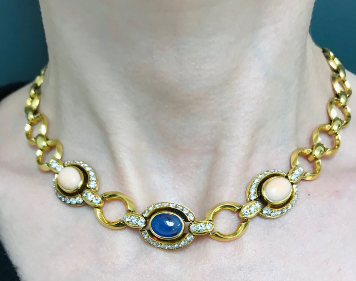 1960s Bulgari Bvlgari Coral Sapphire Diamond Gold Necklace