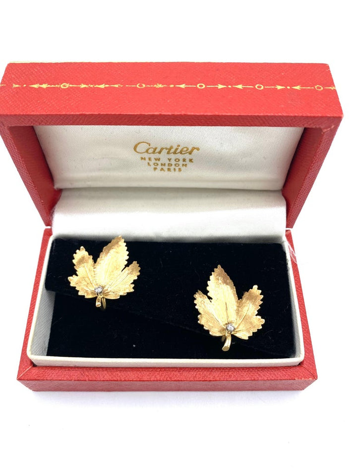 Vintage CARTIER Yellow Gold and Diamond Maple Leaves Earrings