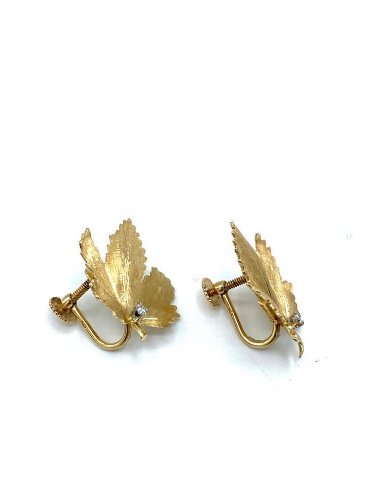 Vintage CARTIER Yellow Gold and Diamond Maple Leaves Earrings