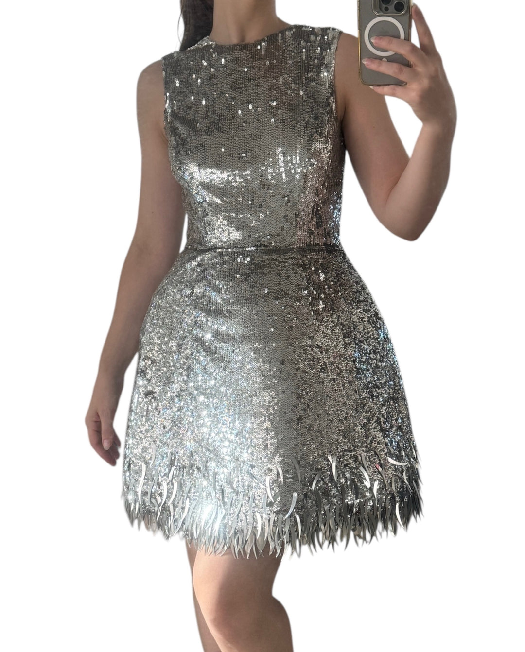 Oscar de la Renta Silver Sequined Fringe Mini Dress