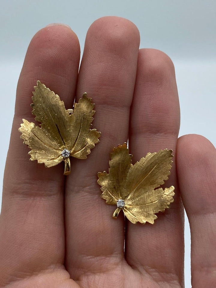 Vintage CARTIER Yellow Gold and Diamond Maple Leaves Earrings