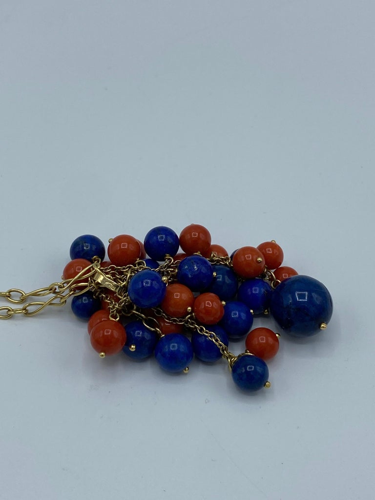 1970's Yellow Gold Chain with Lapis and Coral Bead Pendant Necklace