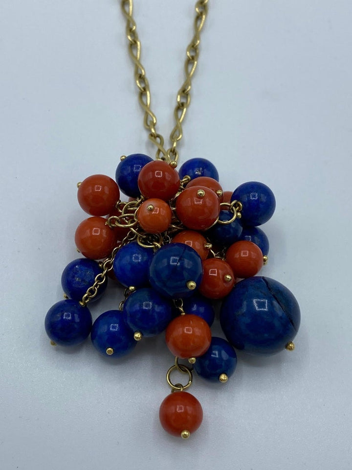 1970's Yellow Gold Chain with Lapis and Coral Bead Pendant Necklace