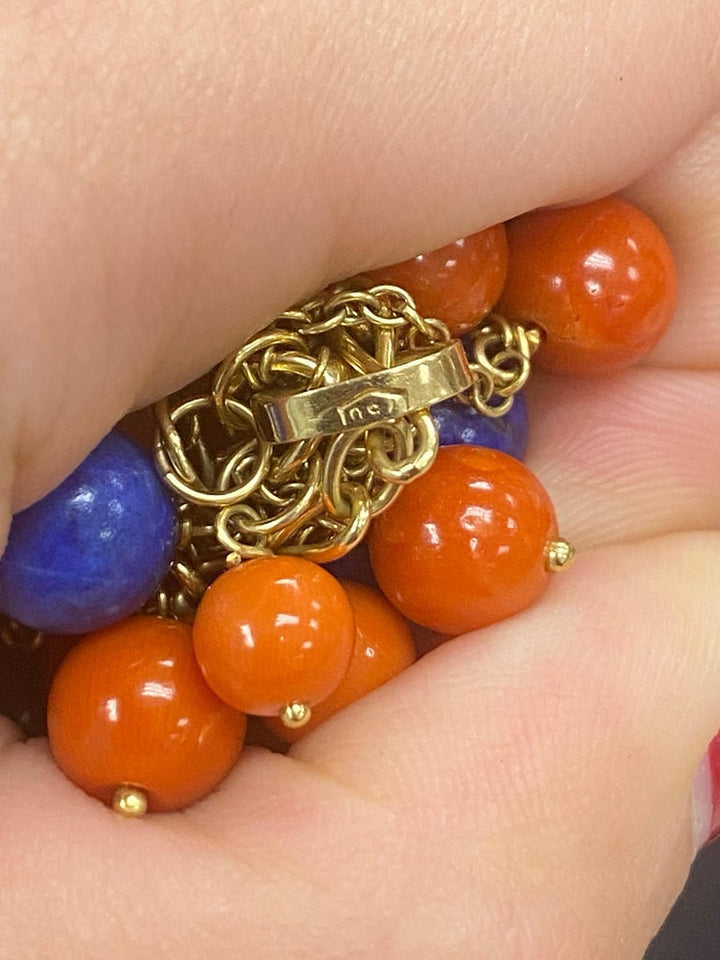 1970's Yellow Gold Chain with Lapis and Coral Bead Pendant Necklace