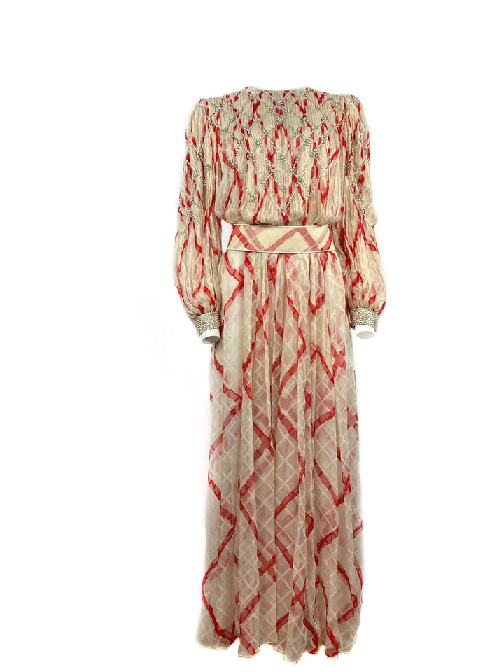 Vintage GALANOS Silk White and Red Swarovski Maxi Dress w/ Belt