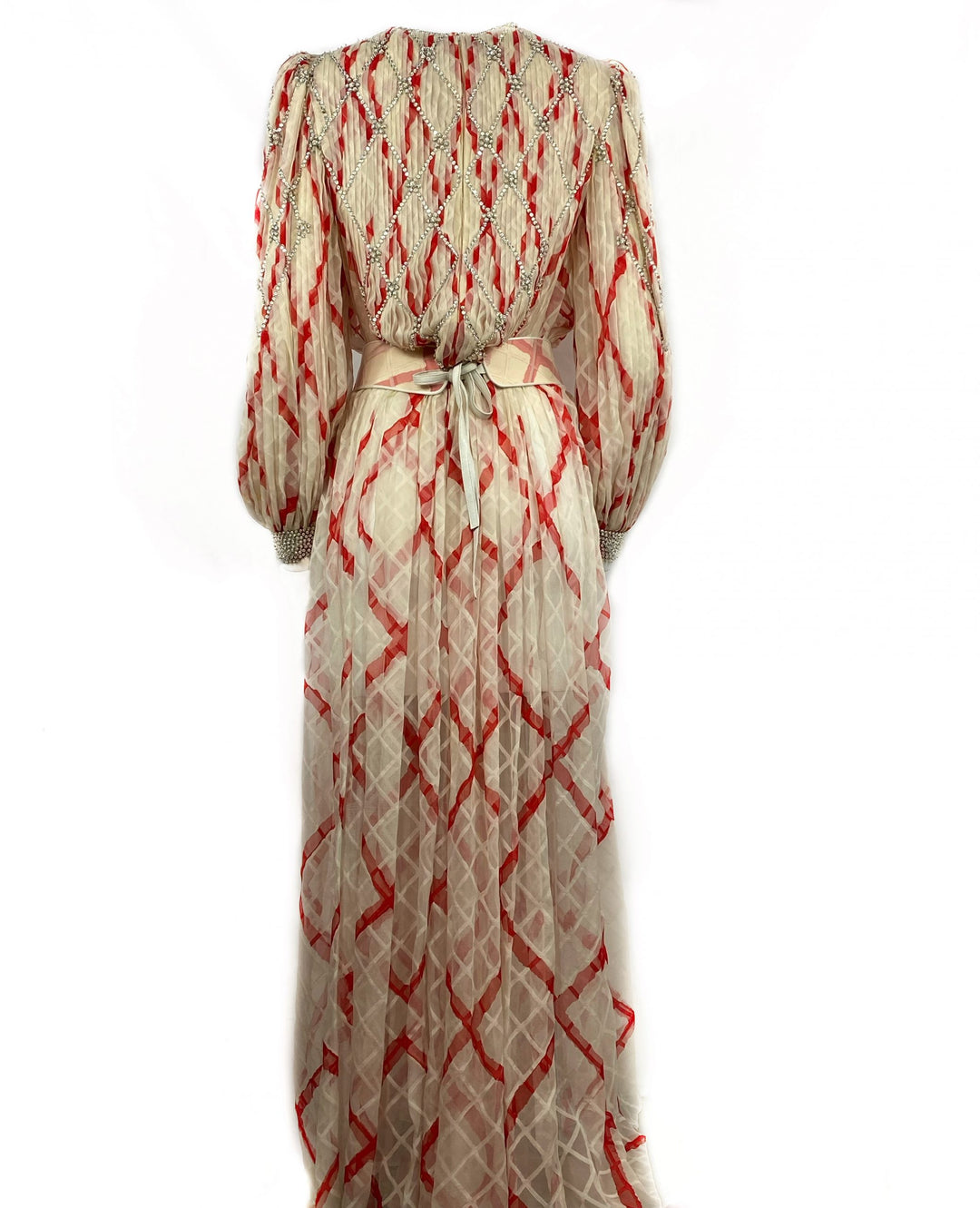 Vintage GALANOS Silk White and Red Swarovski Maxi Dress w/ Belt