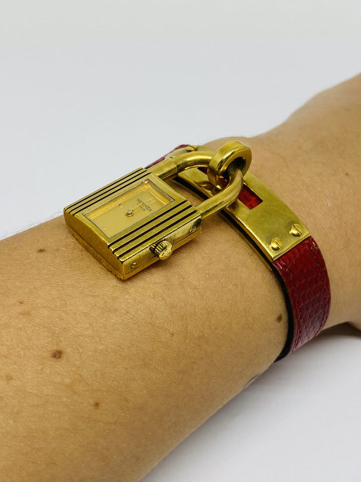 Vintage HERMES Kelly Gold Padlock Wrist Watch Red Animal Skin Strap Bracelet