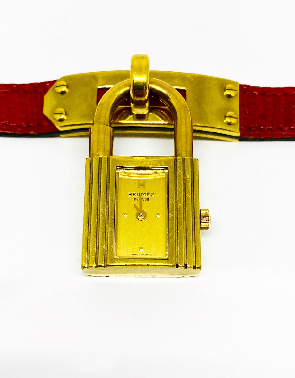 Vintage HERMES Kelly Gold Padlock Wrist Watch Red Animal Skin Strap Bracelet