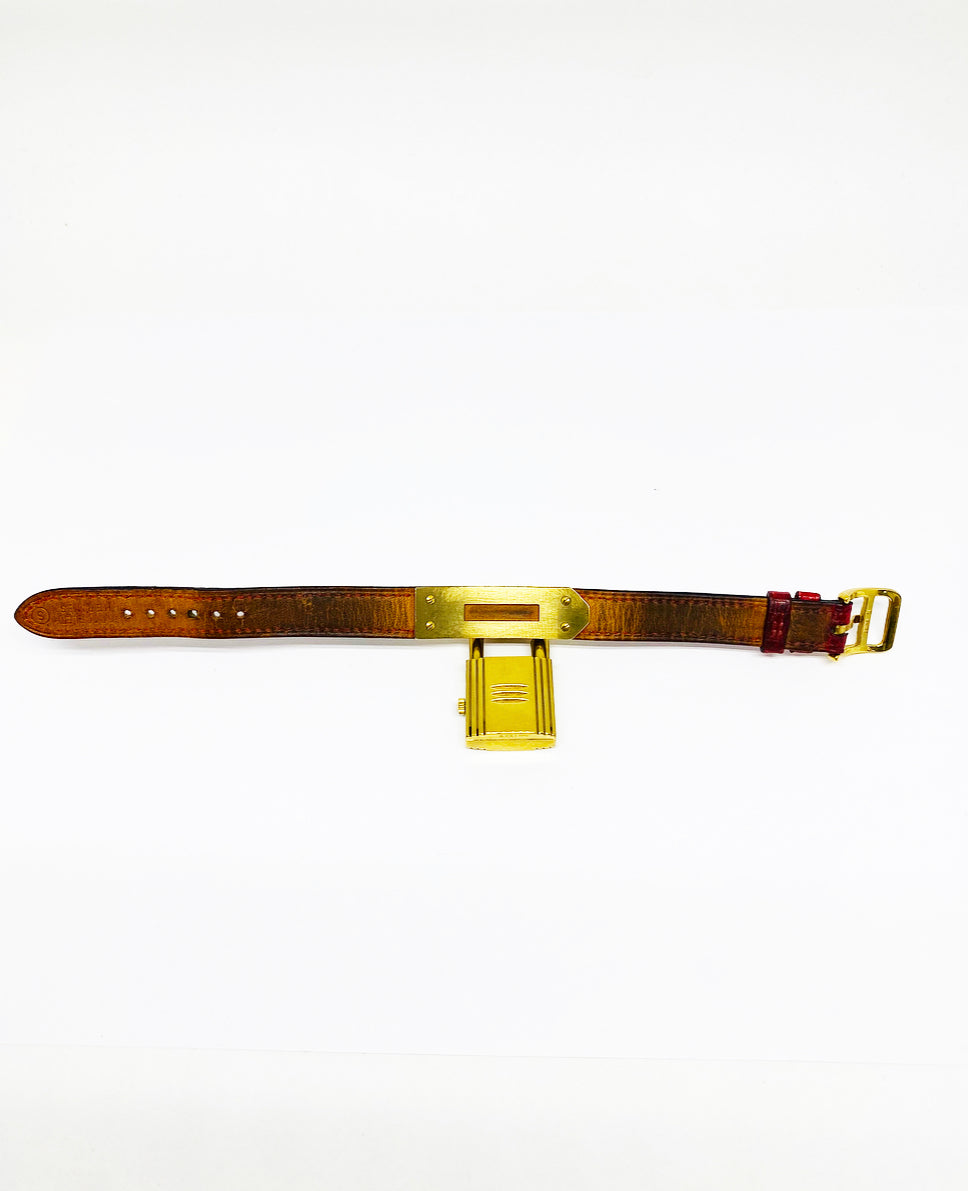 Vintage HERMES Kelly Gold Padlock Wrist Watch Red Animal Skin Strap Bracelet