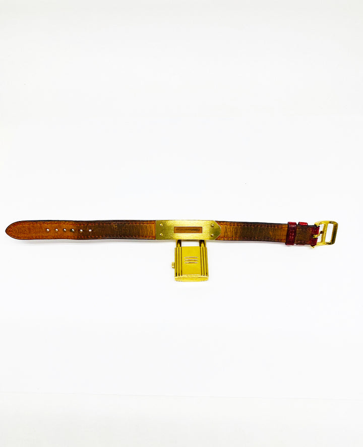 Vintage HERMES Kelly Gold Padlock Wrist Watch Red Animal Skin Strap Bracelet