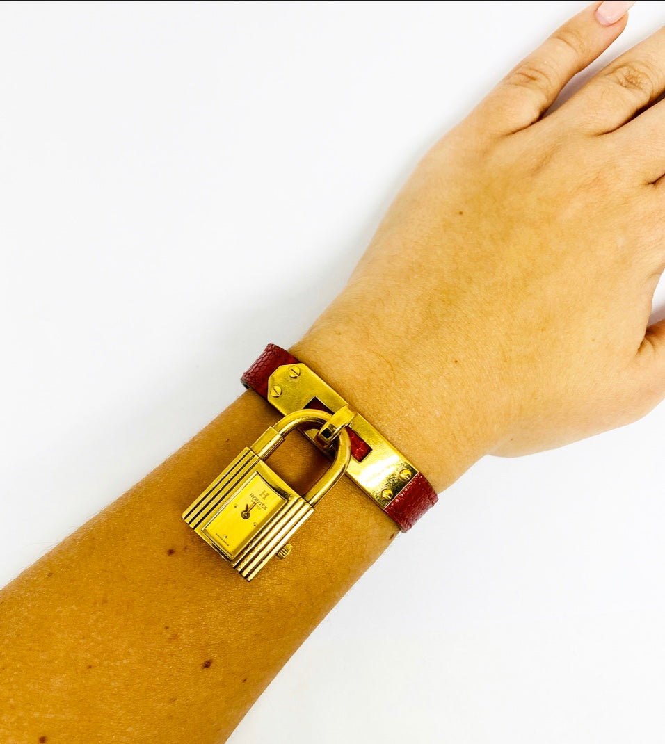 Vintage HERMES Kelly Gold Padlock Wrist Watch Red Animal Skin Strap Bracelet