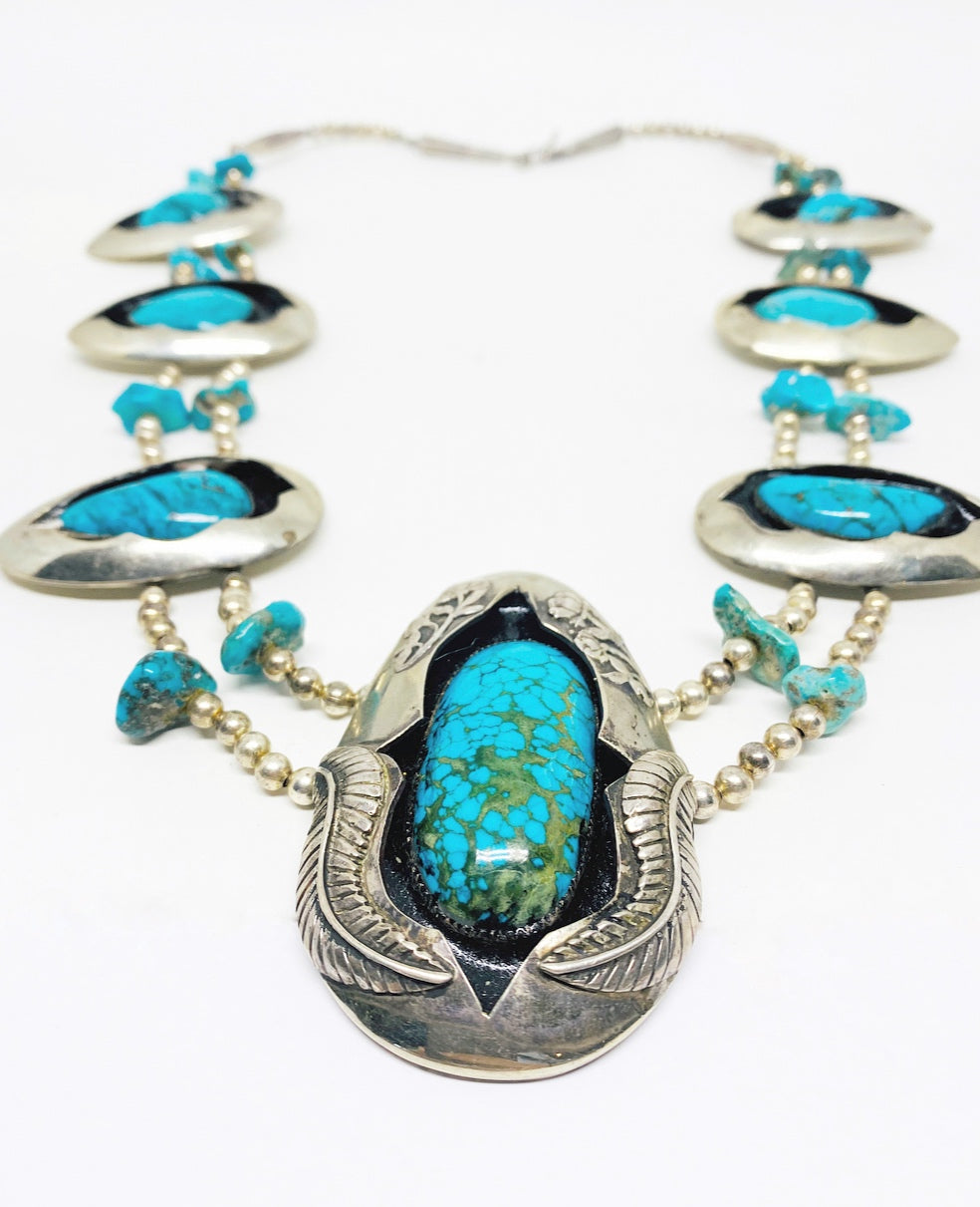 American Indian Squash Blossom Silver Turquoise and Enamel Pendant Necklace