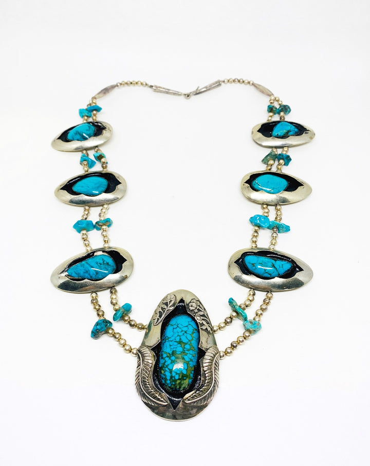 American Indian Squash Blossom Silver Turquoise and Enamel Pendant Necklace