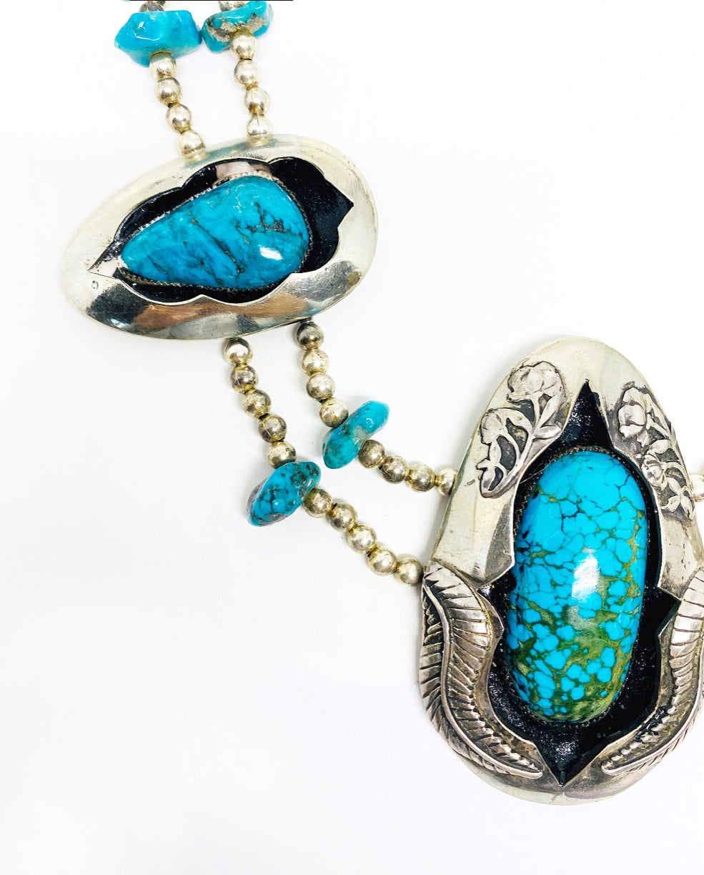 American Indian Squash Blossom Silver Turquoise and Enamel Pendant Necklace