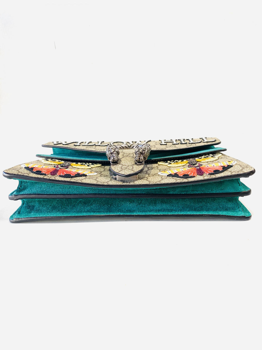 GUCCI Willow Hill Dionysus Beige GG Canvas Green Suede Embroidered Shoulder Bag
