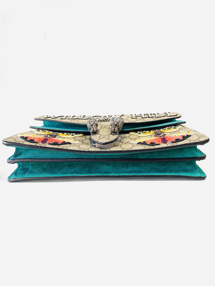 GUCCI Willow Hill Dionysus Beige GG Canvas Green Suede Embroidered Shoulder Bag