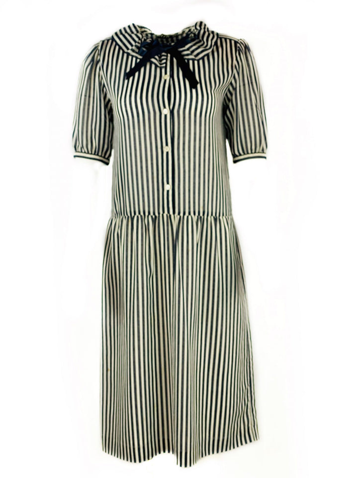 HANAE MORI Navy and White Striped Short Sleeve Midi Dress w/ Bow Size US 8