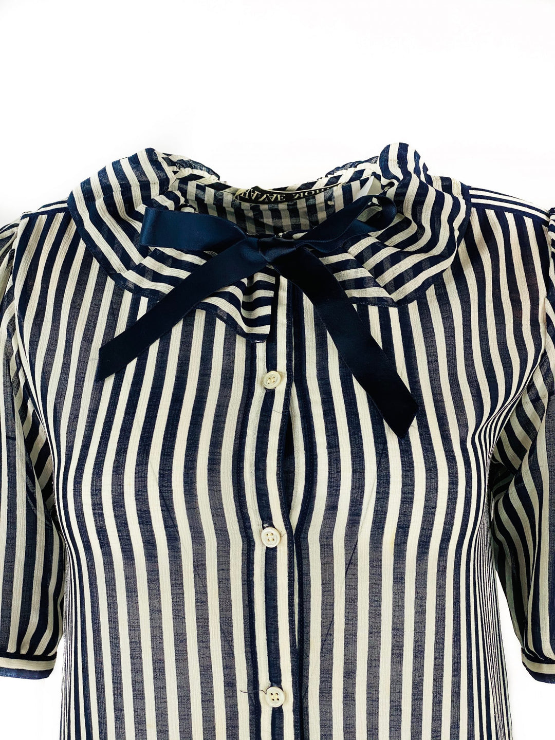 HANAE MORI Navy and White Striped Short Sleeve Midi Dress w/ Bow Size US 8