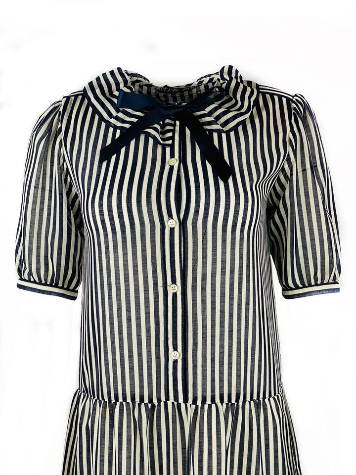 HANAE MORI Navy and White Striped Short Sleeve Midi Dress w/ Bow Size US 8