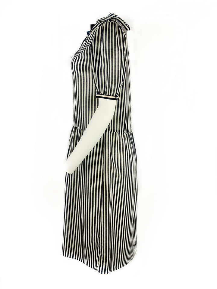 HANAE MORI Navy and White Striped Short Sleeve Midi Dress w/ Bow Size US 8