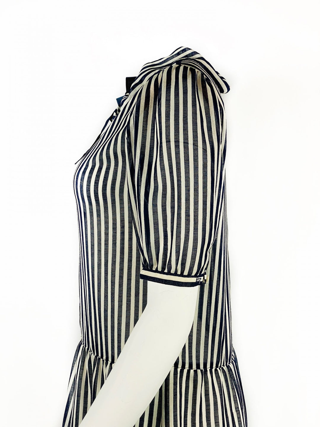 HANAE MORI Navy and White Striped Short Sleeve Midi Dress w/ Bow Size US 8