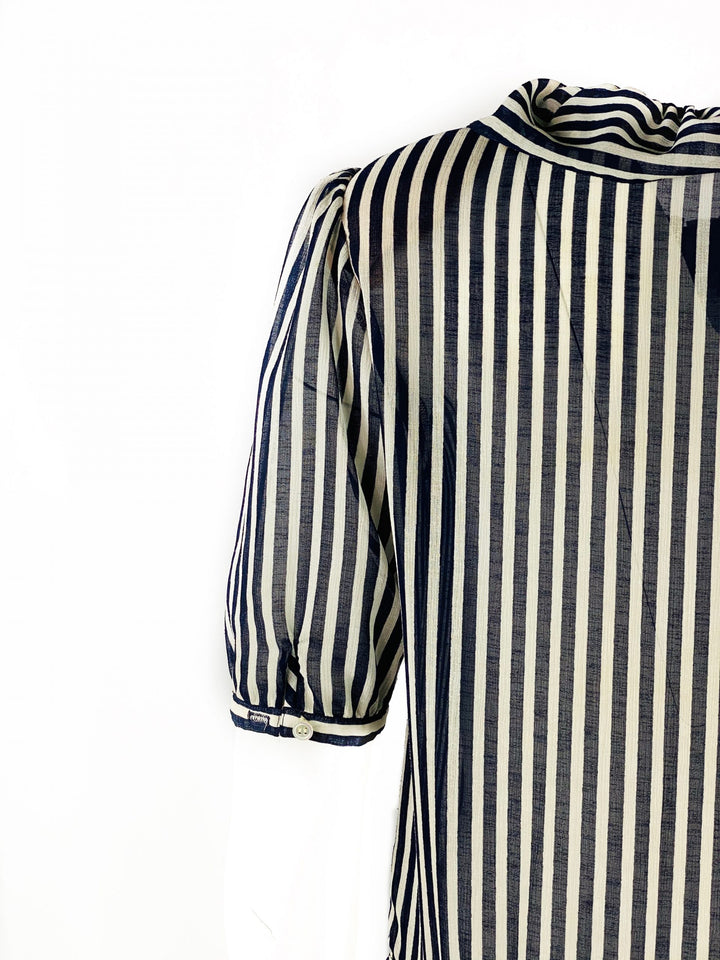 HANAE MORI Navy and White Striped Short Sleeve Midi Dress w/ Bow Size US 8