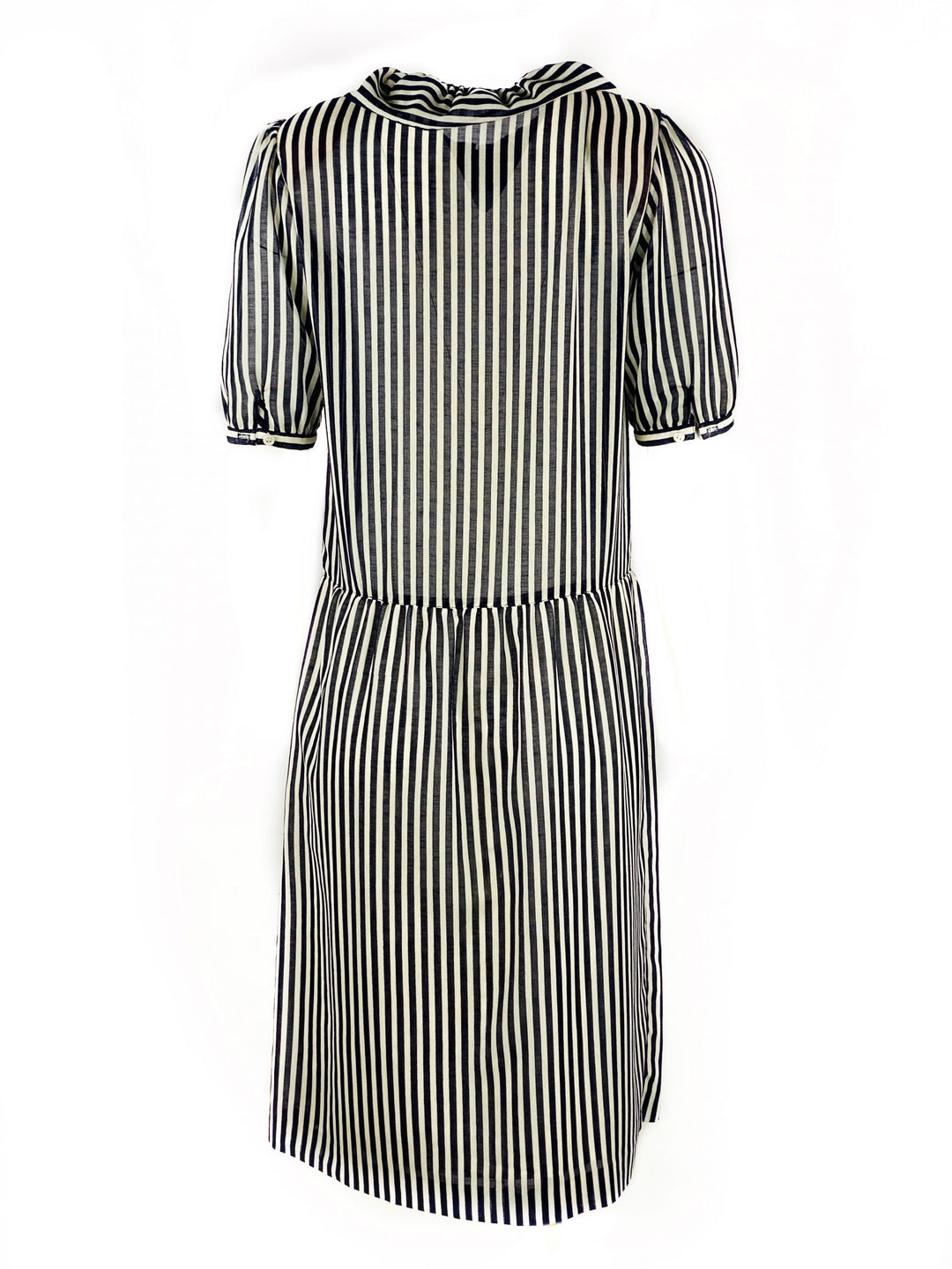 HANAE MORI Navy and White Striped Short Sleeve Midi Dress w/ Bow Size US 8