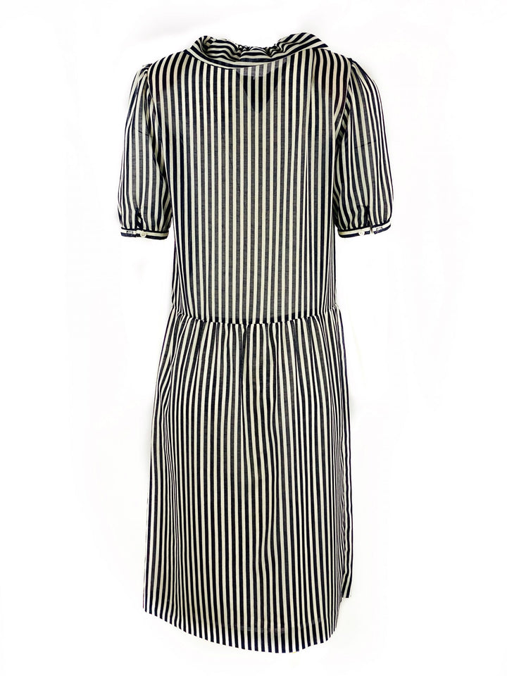 HANAE MORI Navy and White Striped Short Sleeve Midi Dress w/ Bow Size US 8