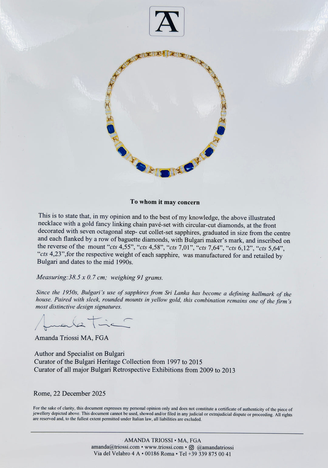 Bvlgari Bulgari 18k Gold Necklace Diamonds Sri Lanka Sapphires No Heat 39.77 Carats GRS Report
