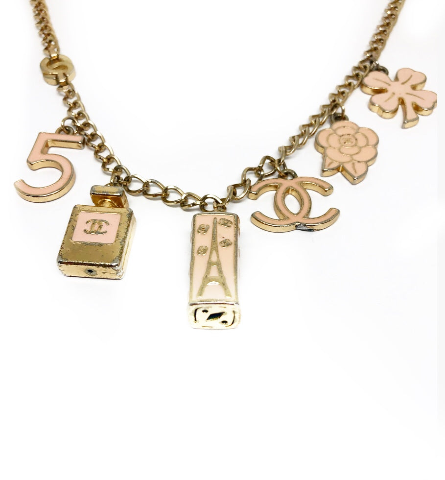 Costume CHANEL Chain Necklace w/ Pink Enamel Charms