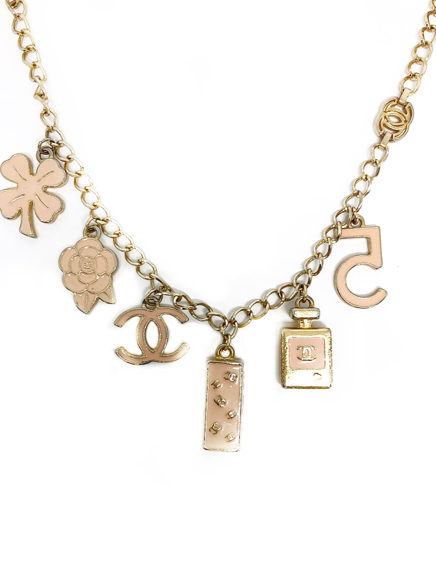 Costume CHANEL Chain Necklace w/ Pink Enamel Charms