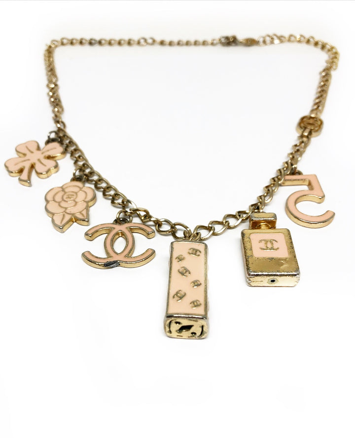 Costume CHANEL Chain Necklace w/ Pink Enamel Charms