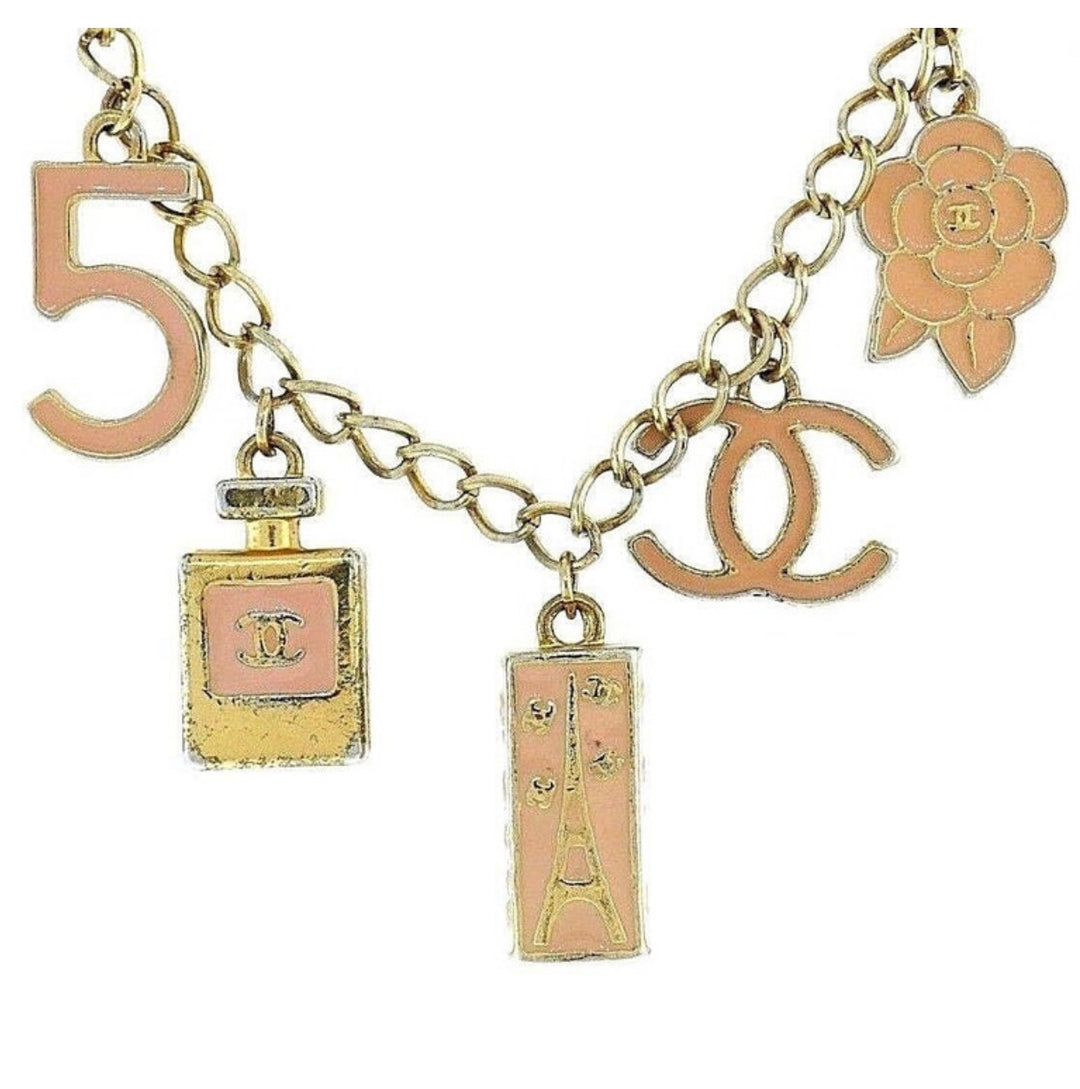 Costume CHANEL Chain Necklace w/ Pink Enamel Charms