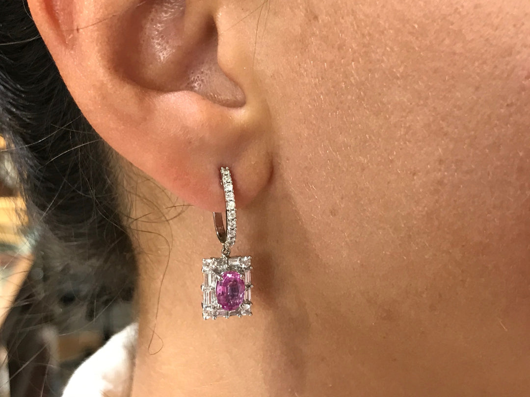 18k White Gold Diamond Pink Sapphire Drop Earrings