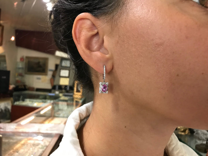 18k White Gold Diamond Pink Sapphire Drop Earrings